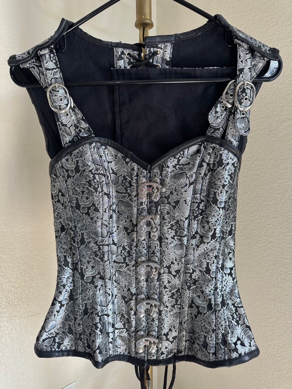 Silver Brocade Lace-Up Corset Top - Women's